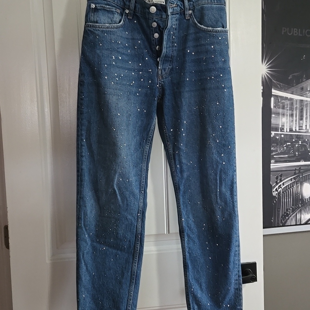 Zara Rhinestone High Waist Cropped Button Fly Womens Size 8 EUC - Picture 3 of 10